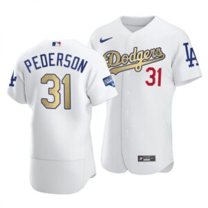 6863846586205_1 Men's Los Angeles Dodgers #31 Joc Pederson 2021 White Gold World Series Champions Patch Sttiched Jersey