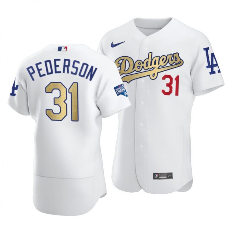 6863846586205_1 Men's Los Angeles Dodgers #31 Joc Pederson 2021 White Gold World Series Champions Patch Sttiched Jersey