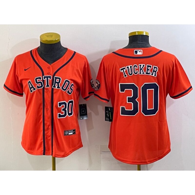 686384b258cfb_1 Women's Houston Astros #30 Kyle Tucker Orange With Patch Cool Base Stitched Baseball Jersey(Run Small)