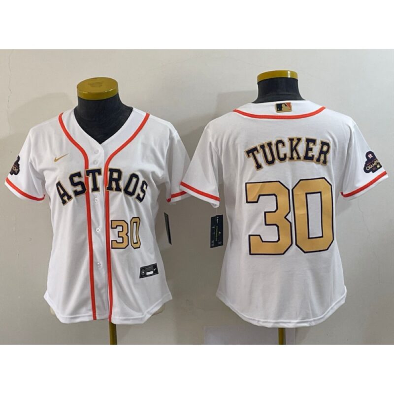 686384b7c88b4_1 Women's Houston Astros #30 Kyle Tucker White 2023 Gold Collection With World Serise Champions Patch Stitched Jersey(Run Small)