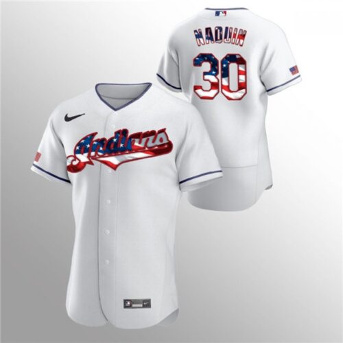 686386229d1e6_1 Men's Cleveland indians #30 Tyler Naquin White 2020 Stars & Stripes Flex Base Stitched Jersey