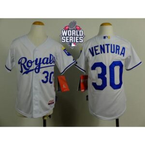 68638675e51df_1 Royals #30 Yordano Ventura White Cool Base W/2015 World Series Patch Stitched Youth MLB Jersey
