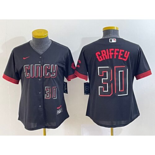 686386ac3caa9_1 Women's Cincinnati Reds #30 Ken Griffey Jr. Black 2023 City Connect With Patch Stitched Baseball Jersey(Run Small)