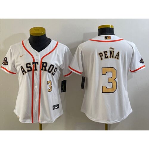 6863879e1e272_1 Women's Houston Astros #3 Jeremy Pena White 2023 Gold Collection With World Serise Champions Patch Stitched Jersey(Run Small)