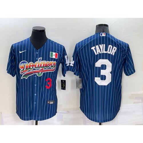 686388e44f3df_1 Men's Los Angeles Dodgers #3 Chris Taylor Navy Mexico Rainbow Cool Base Stitched Baseball Jersey