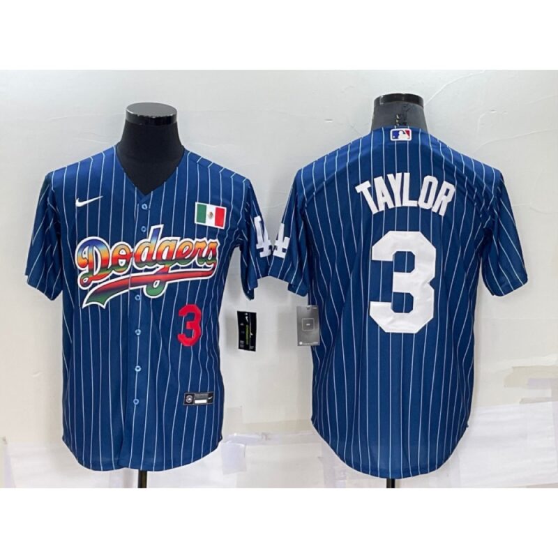 686388e44f3df_1 Men's Los Angeles Dodgers #3 Chris Taylor Navy Mexico Rainbow Cool Base Stitched Baseball Jersey