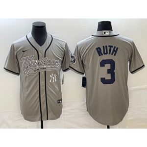 686389098bbf2_1 Men's New York Yankees #3 Babe Ruth Gray With Patch Cool Base Stitched Baseball Jersey