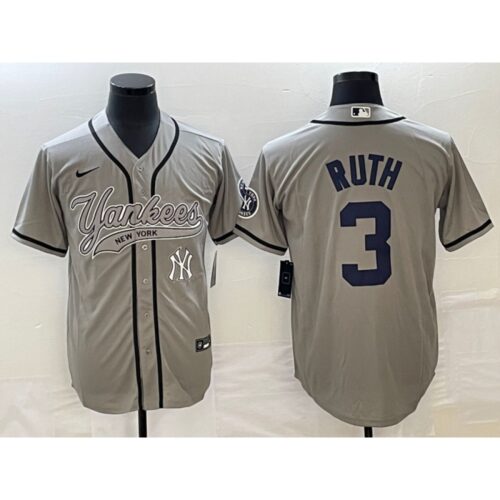 686389098bbf2_1 Men's New York Yankees #3 Babe Ruth Gray With Patch Cool Base Stitched Baseball Jersey