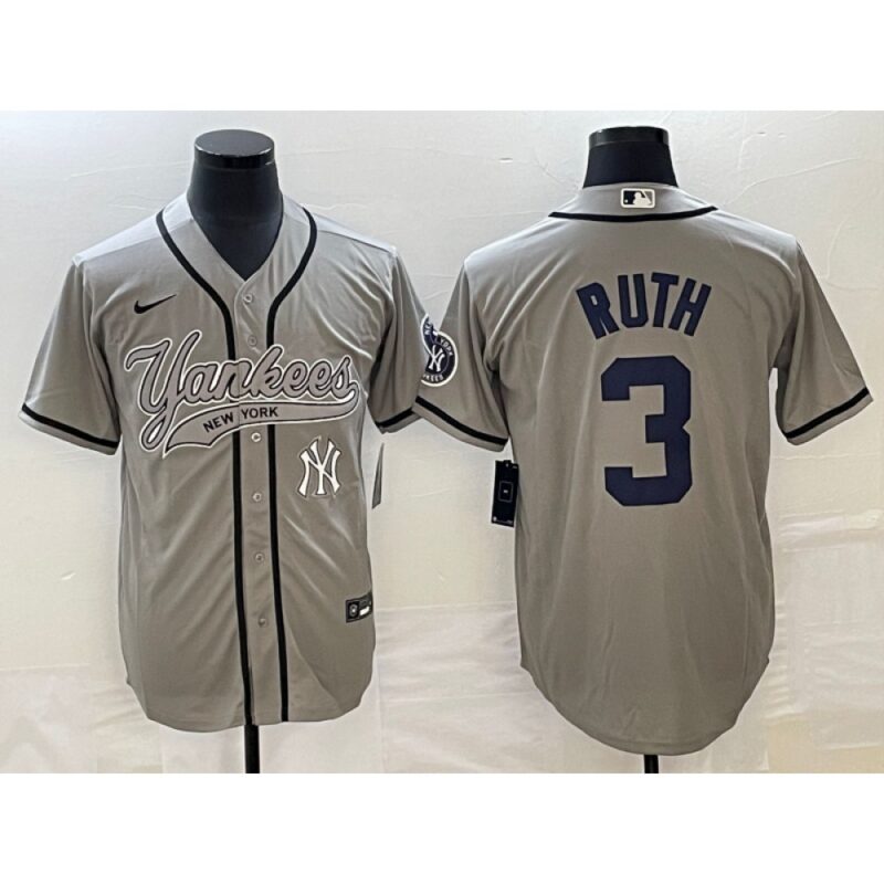 686389098bbf2_1 Men's New York Yankees #3 Babe Ruth Gray With Patch Cool Base Stitched Baseball Jersey