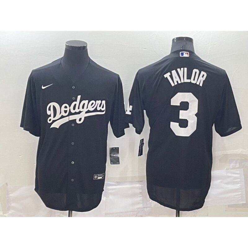 686389845d338_1 Men's Los Angeles Dodgers #3 Chris Taylor Black Cool Base Stitched Baseball Jersey