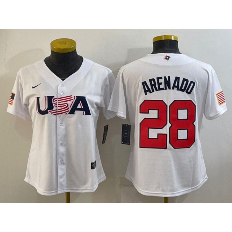 68638cf162bc3_1 Women's USA Baseball #28 Nolan Arenado 2023 White World Baseball Classic Stitched Jersey(Run Small)