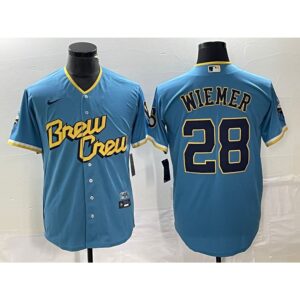 68638da208774_1 Men's Milwaukee Brewers #28 Joey Wiemer 2022 Powder Blue City Connect Cool Base Stitched Jersey