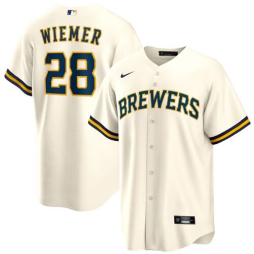 68638da55e9dd_1 Men's Milwaukee Brewers #28 Joey Wiemer Cream Cool Base Stitched Jersey