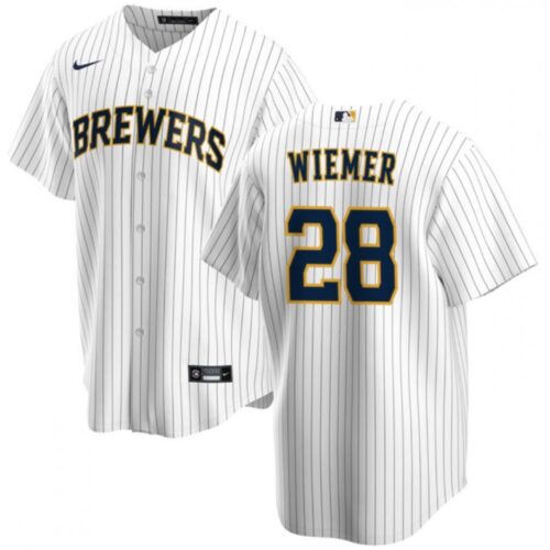 68638da8c6a27_1 Men's Milwaukee Brewers #28 Joey Wiemer White Cool Base Stitched Jersey
