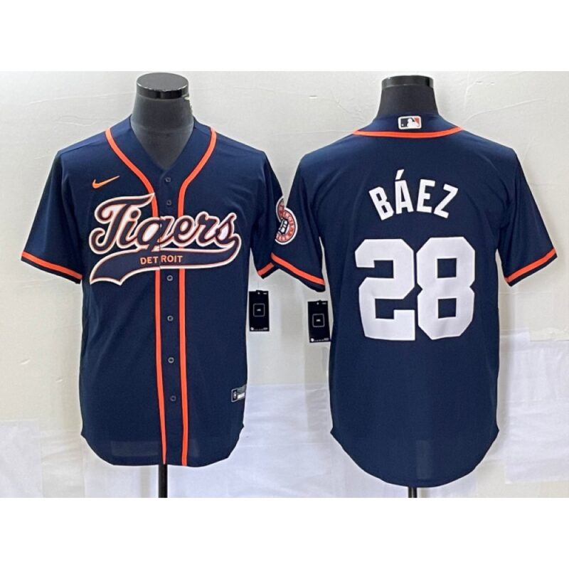 68638dbdbbef2_1 Men's Detroit Tigers #28 Javier Baez Navy Cool Base Stitched Baseball Jersey