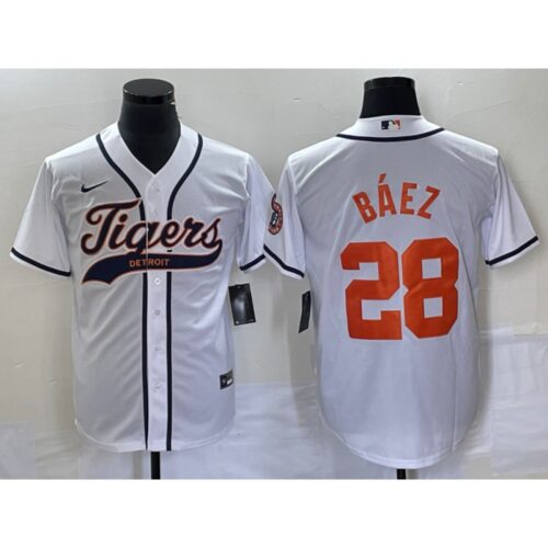 68638dc4b931b_1 Men's Detroit Tigers #28 Javier Baez White Cool Base Stitched Baseball Jersey