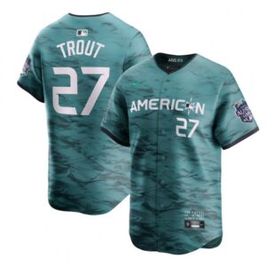 68638f9f00879_1 Youth Los Angeles Angels #27 Mike Trout Teal 2023 All-star Cool Base Stitched Jersey
