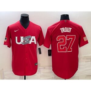 68638fc0702e4_1 Men's USA Baseball #27 Mike Trout 2023 Red World Baseball Classic Stitched Jersey