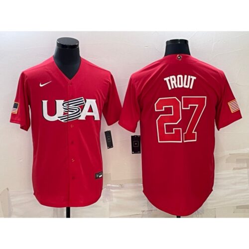 68638fc0702e4_1 Men's USA Baseball #27 Mike Trout 2023 Red World Baseball Classic Stitched Jersey