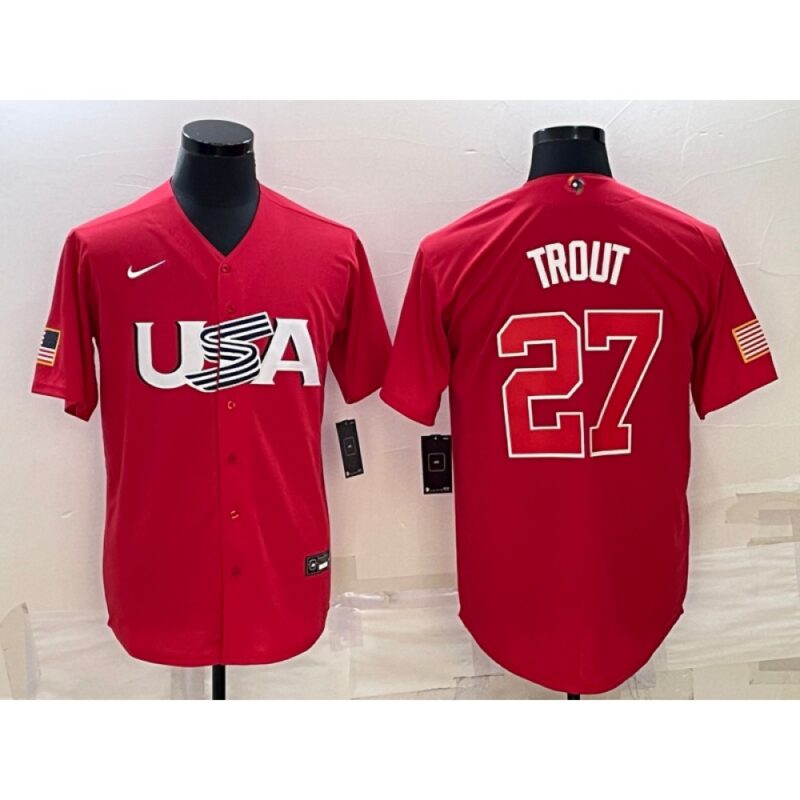 68638fc0702e4_1 Men's USA Baseball #27 Mike Trout 2023 Red World Baseball Classic Stitched Jersey