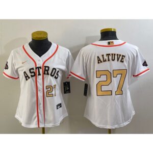 68638ff2ea657_1 Women's Houston Astros #27 Jose Altuve White 2023 Gold Collection With World Serise Champions Patch Stitched Jersey(Run Small)