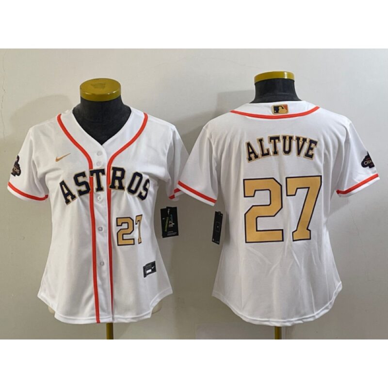 68638ff2ea657_1 Women's Houston Astros #27 Jose Altuve White 2023 Gold Collection With World Serise Champions Patch Stitched Jersey(Run Small)