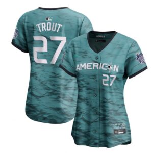 6863900ddf26e_1 Women's Los Angeles Angels #27 Mike Trout Teal 2023 All-star Stitched Baseball Jersey(Run Small)