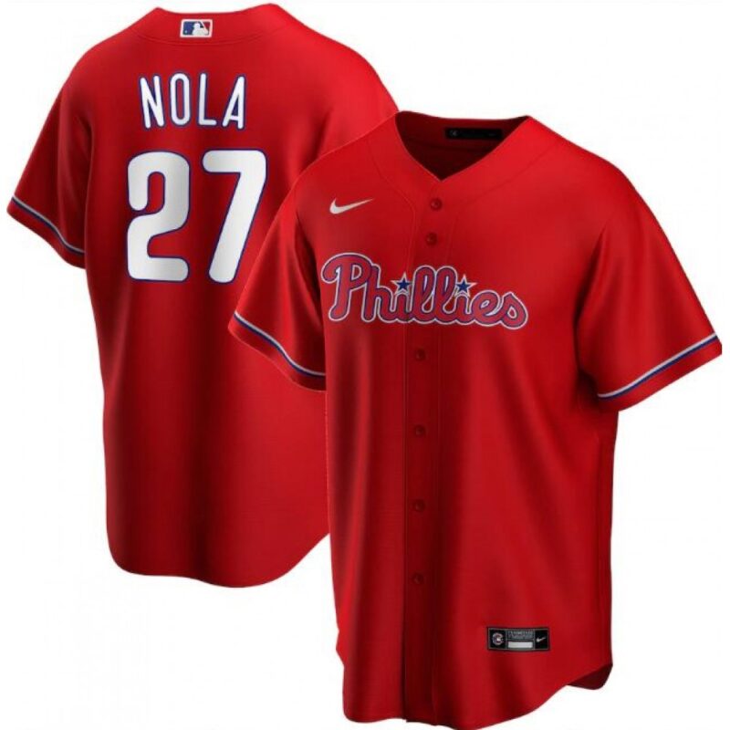 68639042568e3_1 Men's Philadelphia Phillies #27 Aaron Nola Red Cool Base Stitched Jersey
