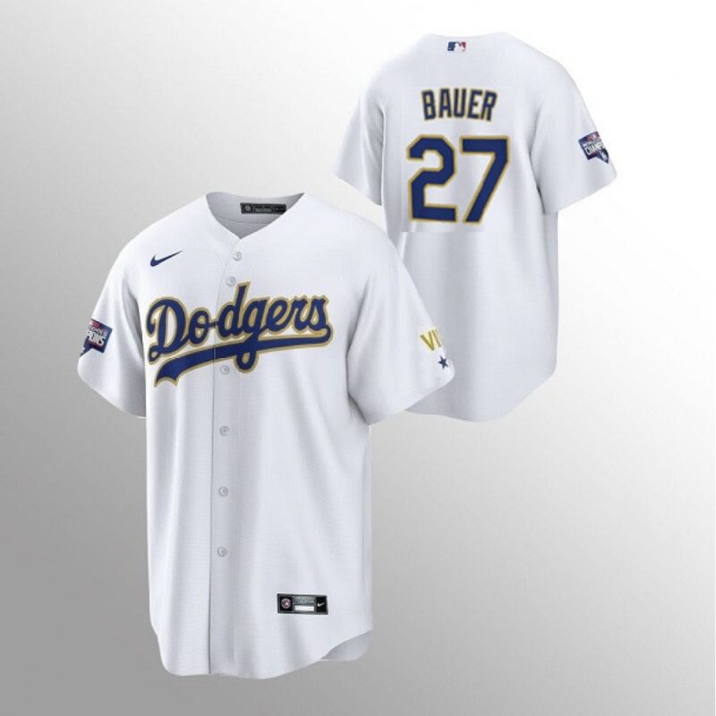 686391259921d_1 Men's Los Angeles Dodgers #27 Trevor Bauer White Gold Championship Cool Base Stitched Jersey