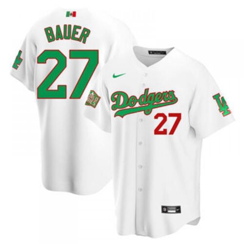 6863912f90e41_1 Men's Los Angeles Dodgers #27 Trevor Bauer White Green Mexico 2020 World Series Stitched Jersey