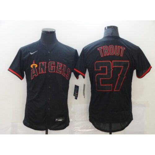 6863922273799_1 Men's Los Angeles Angels #27 Mike Trout Black Flex Base Stitched MLB Jersey