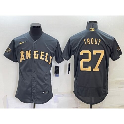6863922fdf688_1 Men's Los Angeles Angels #27 Mike Trout 2022 All-star Charcoal Flex Base Stitched Jersey
