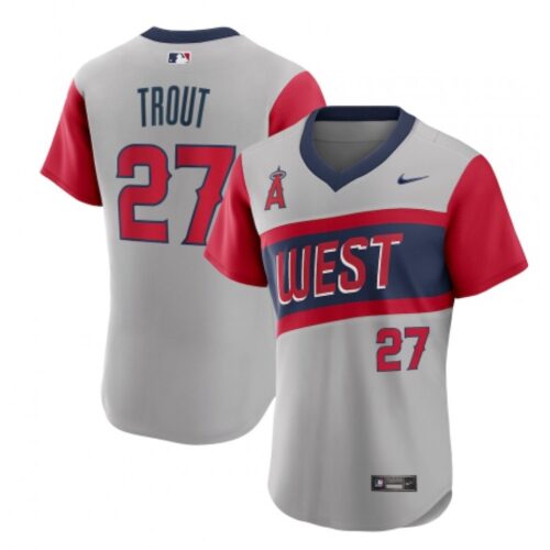 686392412e7b5_1 Men's Los Angeles Angels #27 Mike Trout 2021 Grey Little League Classic Road Flex Base Stitched MLB Jersey