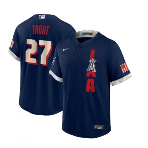 6863924471394_1 Men's Los Angeles Angels #27 Mike Trout 2021 Navy All-Star Cool Base Stitched MLB Jersey