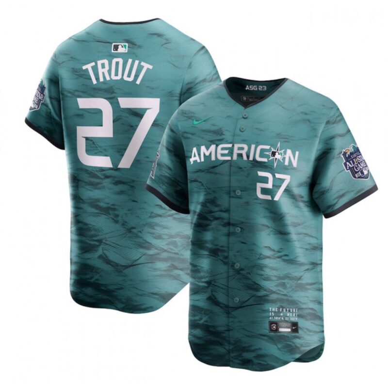 686392699407b_1 Men's Los Angeles Angels #27 Mike Trout Teal 2023 All-star Cool Base Stitched Jersey