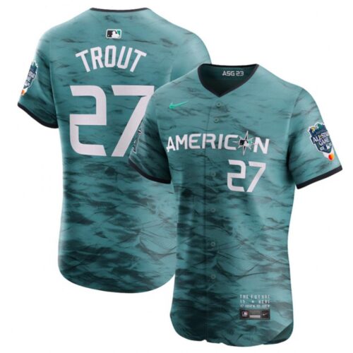 6863926d28f60_1 Men's Los Angeles Angels #27 Mike Trout Teal 2023 All-star Flex Base Stitched Jersey