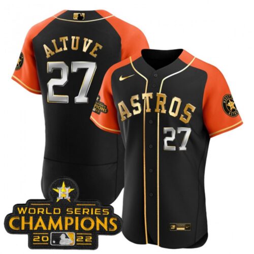 686392ae48c5d_1 Men's Houston Astros #27 Jose Altuve 2023 Black Gold V2 Alternate Flex Base Stitched Baseball Jersey
