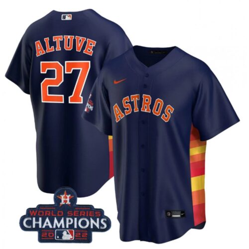 6863930376977_1 Men's Houston Astros #27 Jose Altuve Navy 2022 World Series Champions Stitched Baseball Jersey