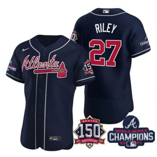 686393d6d88a2_1 Men's Atlanta Braves #27 Austin Riley 2021 Navy World Series Champions With 150th Anniversary Flex Base Stitched Jersey