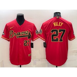 686393da8c21a_1 Men's Atlanta Braves #27 Austin Riley Red Gold Cool Base Stitched Baseball Jersey