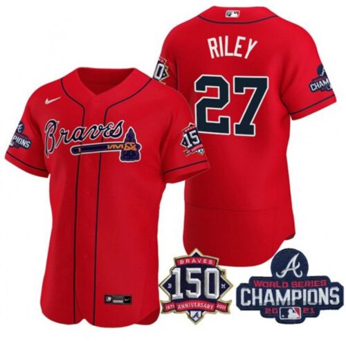 686393de3ec3a_1 Men's Atlanta Braves #27 Austin Riley 2021 Red World Series Champions With 150th Anniversary Flex Base Stitched Jersey