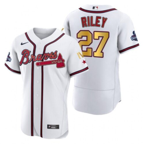 6863940859166_1 Men's Atlanta Braves #27 Austin Riley White Gold World Series Champions Flex Base Stitched Jersey