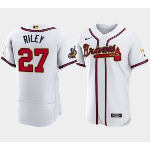 6863940b7d714_1 Men's Atlanta Braves #27 Austin Riley 2022 White/Gold World Series Champions Program Flex Base Stitched Baseball Jersey