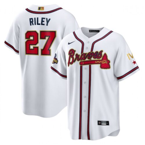 6863940f316b7_1 Men's Atlanta Braves #27 Austin Riley 2022 White/Gold World Series Champions Program Cool Base Stitched Baseball Jersey