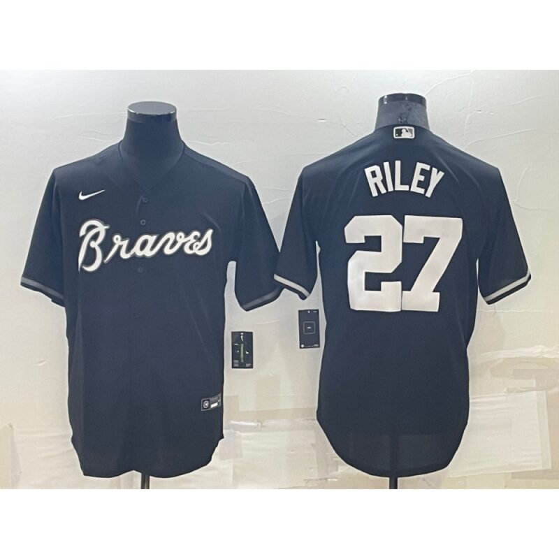 6863947c90d6b_1 Men's Atlanta Braves #27 Austin Riley Black Cool Base Stitched Baseball Jersey