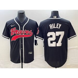 68639480389f5_1 Men's Atlanta Braves #27 Austin Riley Black Cool Base Stitched Baseball Jersey