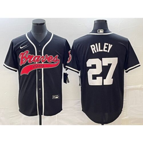 68639480389f5_1 Men's Atlanta Braves #27 Austin Riley Black Cool Base Stitched Baseball Jersey
