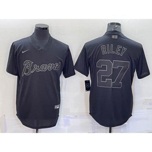 6863948374636_1 Men's Atlanta Braves #27 Austin Riley Black Pitch Black Fashion Replica Stitched Jersey
