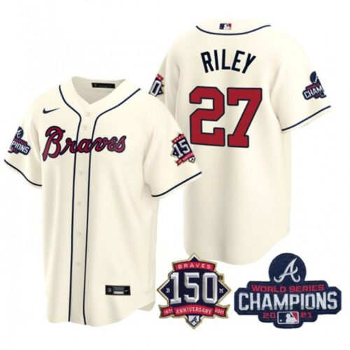 6863948a10f42_1 Men's Atlanta Braves #27 Austin Riley 2021 Cream World Series Champions With 150th Anniversary Patch Cool Base Stitched Jersey