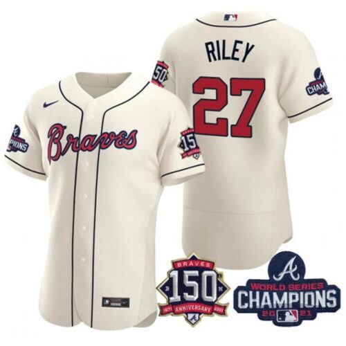 6863948d4c0ab_1 Men's Atlanta Braves #27 Austin Riley 2021 Cream World Series Champions With 150th Anniversary Flex Base Stitched Jersey
